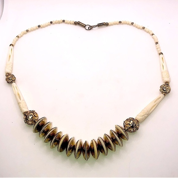 Vtg Tribal Carved Bone & Gold Tone / Brass Stone Beaded Necklace 26” - Picture 1 of 4